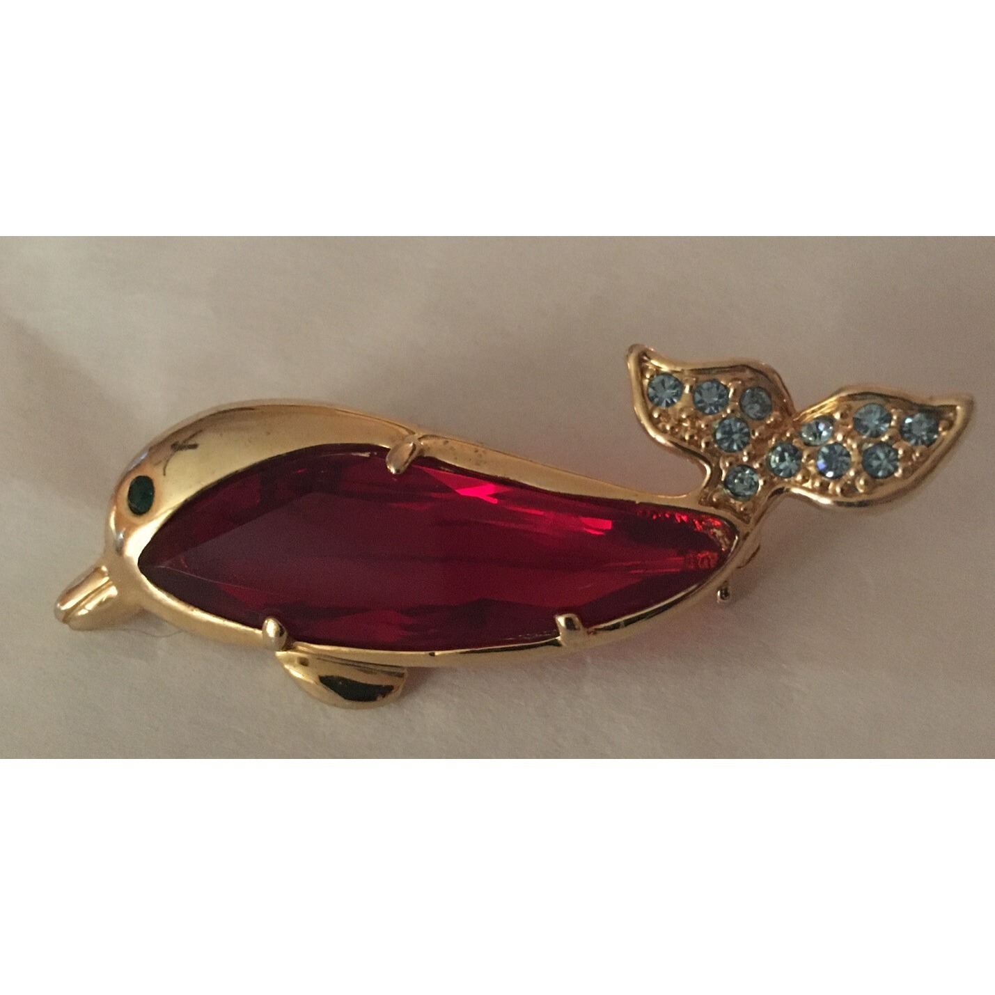 Gold Dolphin Red Gem Belly Green Eye Blue Stones In Tail Pin Brooch 2.25lx1.25h